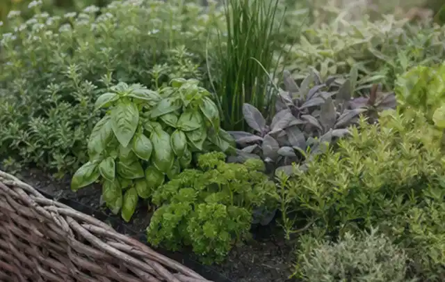Dichtes Hochbeet mit Basilikum Schnittlauch Petersilie Salbei und weiteren Küchenkräutern; Thema Feigen, Schwerpunkt Obst; Umsetzung.