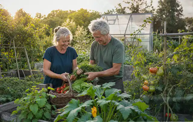 Zwei Personen ernten gemeinsam Gemüse in einem sonnigen Nutzgarten; Thema Feigen, Schwerpunkt Obst; Ergebnis.