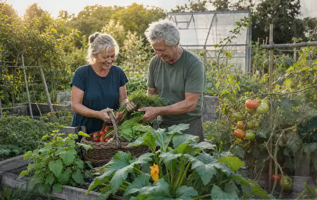 Zwei Personen ernten gemeinsam Gemüse in einem sonnigen Nutzgarten; Thema Feigen, Schwerpunkt Saisonkalender; Praxisalltag.
