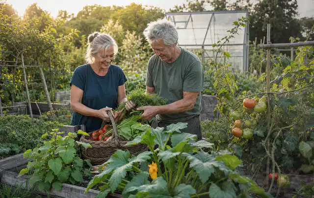 Zwei Personen ernten gemeinsam Gemüse in einem sonnigen Nutzgarten; Thema Feigen, Schwerpunkt Sortenwahl; Praxisalltag.