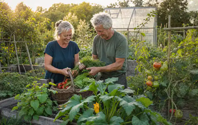 Zwei Personen ernten gemeinsam Gemüse in einem sonnigen Nutzgarten; Thema Fenchel, Schwerpunkt Aussaat; Umsetzung.