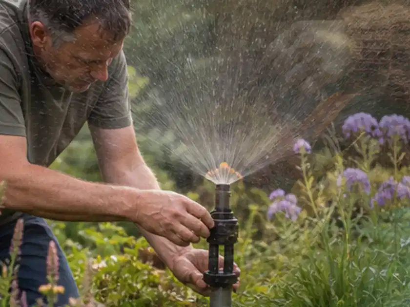 Person richtet einen laufenden Gartensprenger zwischen Stauden präzise aus; Thema Fenchel, Schwerpunkt Bewässerung; Titelbild.
