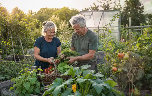 Zwei Personen ernten gemeinsam Gemüse in einem sonnigen Nutzgarten; Thema Fenchel, Schwerpunkt Bewässerung; Umsetzung.