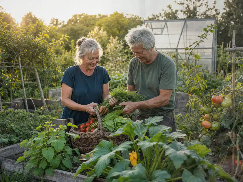 Zwei Personen ernten gemeinsam Gemüse in einem sonnigen Nutzgarten; Thema Fenchel, Schwerpunkt Boden; Titelbild.