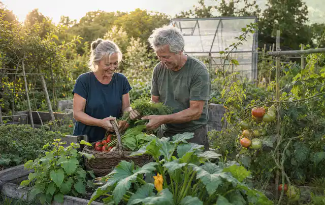 Zwei Personen ernten gemeinsam Gemüse in einem sonnigen Nutzgarten; Thema Fenchel, Schwerpunkt Einsteigerwissen; Praxisalltag.