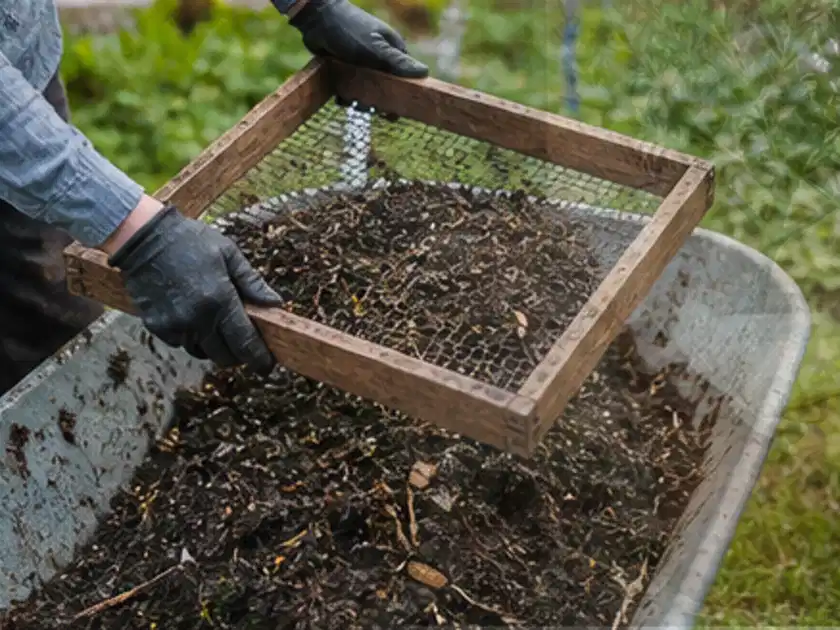 Behandschuhte Hände sieben reifen Kompost über einer Gartenschubkarre; Thema Fenchel, Schwerpunkt Ernte; Titelbild.
