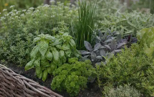 Dichtes Hochbeet mit Basilikum Schnittlauch Petersilie Salbei und weiteren Küchenkräutern; Thema Fenchel, Schwerpunkt Ernte; Praxisalltag.