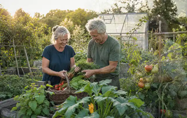 Zwei Personen ernten gemeinsam Gemüse in einem sonnigen Nutzgarten; Thema Fenchel, Schwerpunkt Ernteprobleme; Umsetzung.