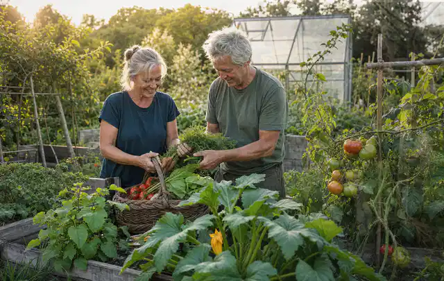 Zwei Personen ernten gemeinsam Gemüse in einem sonnigen Nutzgarten; Thema Fenchel, Schwerpunkt Gemüse; Kontrolle.