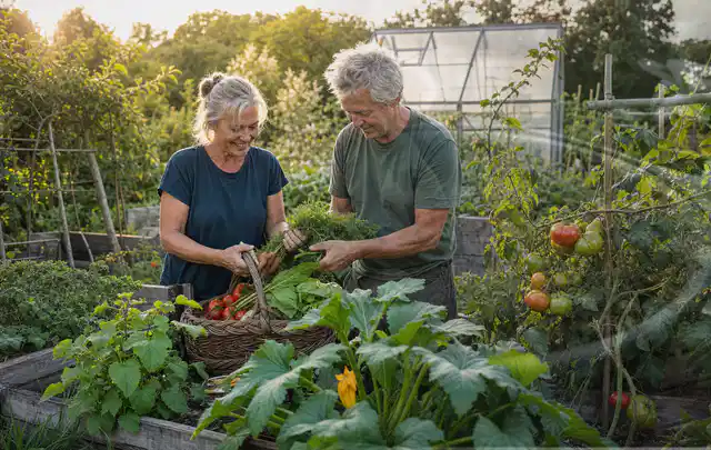 Zwei Personen ernten gemeinsam Gemüse in einem sonnigen Nutzgarten; Thema Fenchel, Schwerpunkt Gesundheit; Kontrolle.