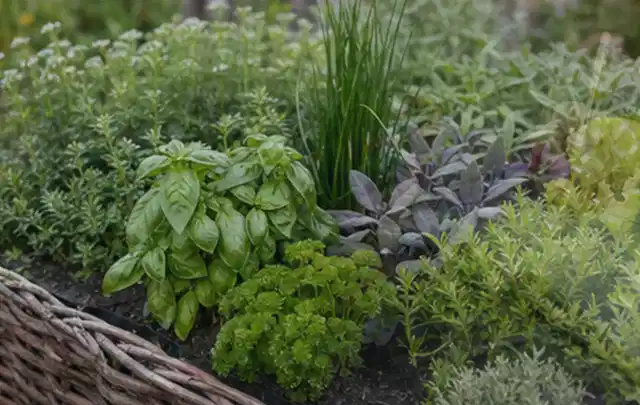 Dichtes Hochbeet mit Basilikum Schnittlauch Petersilie Salbei und weiteren Küchenkräutern; Thema Fenchel, Schwerpunkt Hochbeet; Umsetzung.