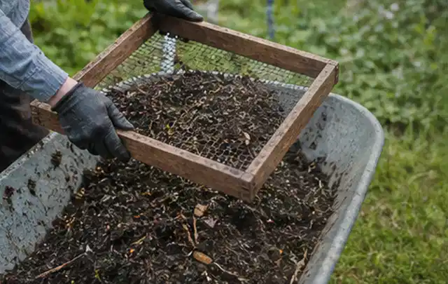 Behandschuhte Hände sieben reifen Kompost über einer Gartenschubkarre; Thema Fenchel, Schwerpunkt Hochbeet; Ergebnis.