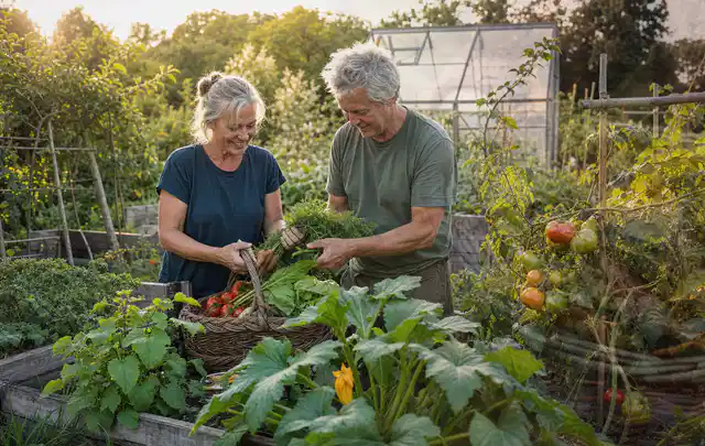 Zwei Personen ernten gemeinsam Gemüse in einem sonnigen Nutzgarten; Thema Fenchel, Schwerpunkt Lagerung; Umsetzung.