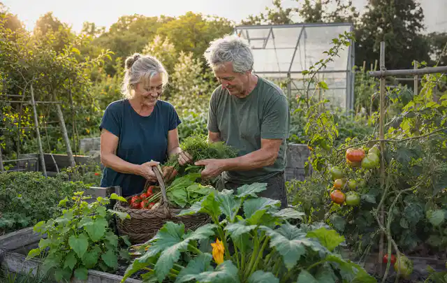 Zwei Personen ernten gemeinsam Gemüse in einem sonnigen Nutzgarten; Thema Fenchel, Schwerpunkt Pflanzenschutz; Ausgangslage.
