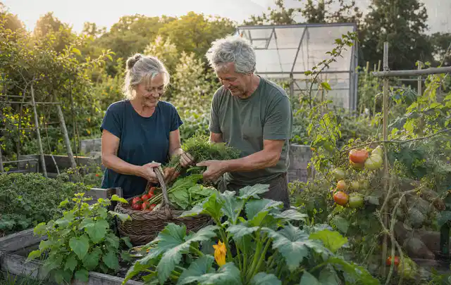 Zwei Personen ernten gemeinsam Gemüse in einem sonnigen Nutzgarten; Thema Fenchel, Schwerpunkt Pflanzung; Ergebnis.