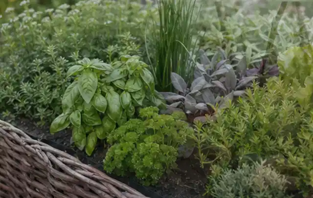 Dichtes Hochbeet mit Basilikum Schnittlauch Petersilie Salbei und weiteren Küchenkräutern; Thema Fenchel, Schwerpunkt Standort; Ergebnis.