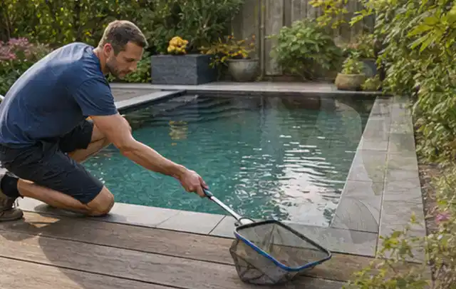 Person entfernt Blätter mit einem Kescher aus einem kleinen Gartenpool; Thema Feuerschalen, Schwerpunkt Anwendung; Ergebnis.