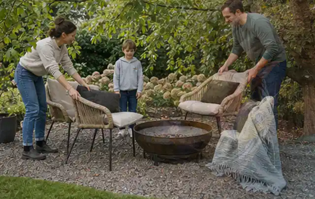 Familie stellt wetterfeste Sessel an einem geschützten Sitzplatz im Garten auf; Thema Feuerschalen, Schwerpunkt Anwendung; Praxisalltag.