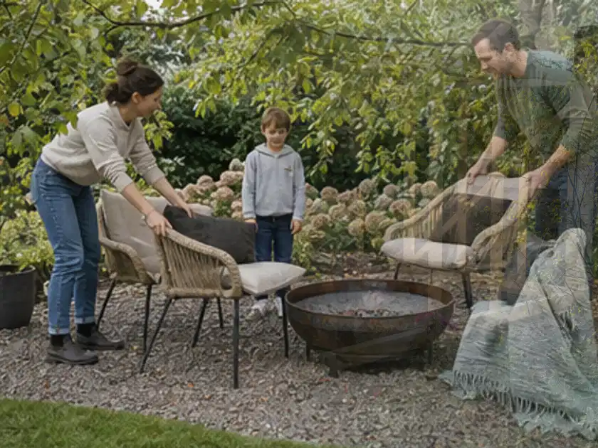 Familie stellt wetterfeste Sessel an einem geschützten Sitzplatz im Garten auf; Thema Feuerschalen, Schwerpunkt Bestenliste; Titelbild.