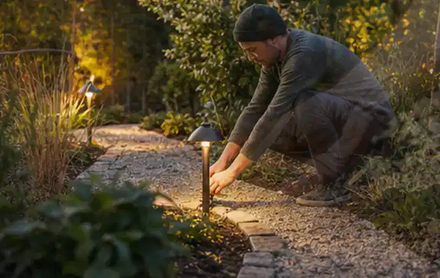 Person richtet eine niedrige warm leuchtende Gartenlampe am Kiesweg aus; Thema Feuerschalen, Schwerpunkt Bestenliste; Ergebnis.