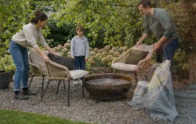 Familie stellt wetterfeste Sessel an einem geschützten Sitzplatz im Garten auf; Thema Feuerschalen, Schwerpunkt Checkliste; Kontrolle.