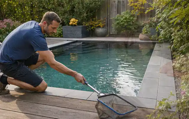 Person entfernt Blätter mit einem Kescher aus einem kleinen Gartenpool; Thema Feuerschalen, Schwerpunkt Dimensionierung; Umsetzung.
