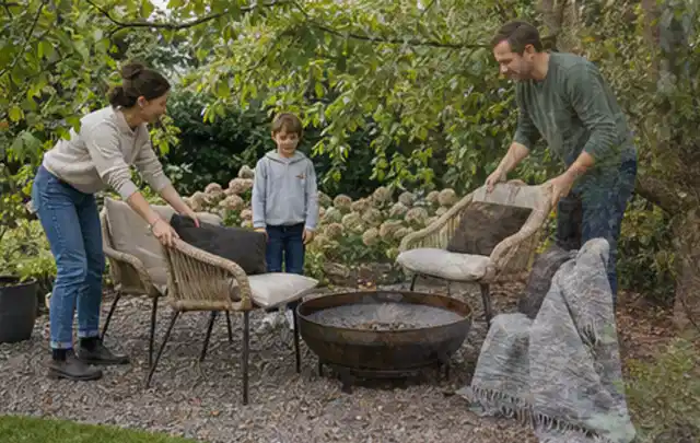 Familie stellt wetterfeste Sessel an einem geschützten Sitzplatz im Garten auf; Thema Feuerschalen, Schwerpunkt Dimensionierung; Kontrolle.