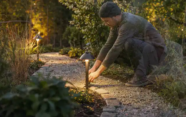 Person richtet eine niedrige warm leuchtende Gartenlampe am Kiesweg aus; Thema Feuerschalen, Schwerpunkt Dimensionierung; Praxisalltag.