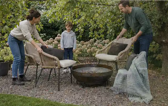 Familie stellt wetterfeste Sessel an einem geschützten Sitzplatz im Garten auf; Thema Feuerschalen, Schwerpunkt Ersatzteile; Umsetzung.