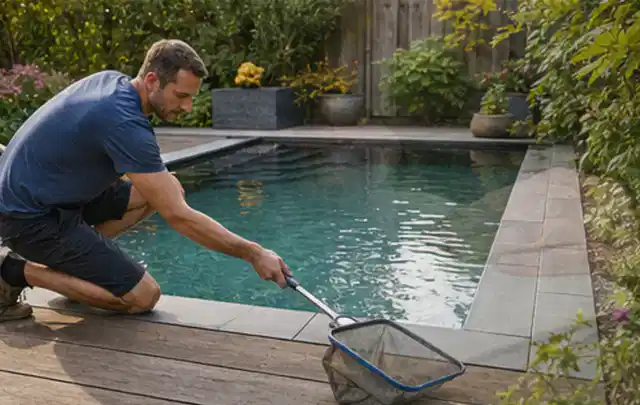 Person entfernt Blätter mit einem Kescher aus einem kleinen Gartenpool; Thema Feuerschalen, Schwerpunkt Ersatzteile; Praxisalltag.