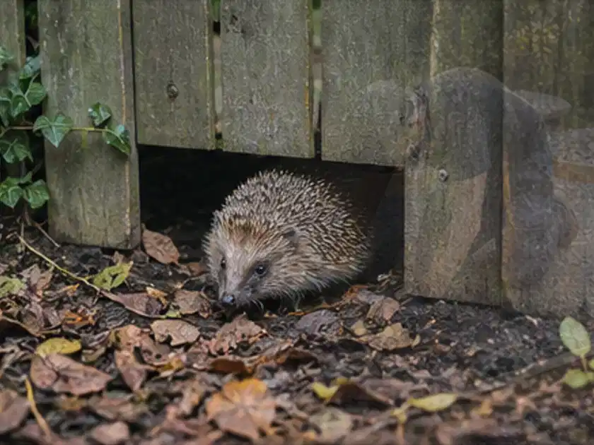 Igel nutzt einen bodennahen Durchgang unter einem hölzernen Gartenzaun; Thema Feuerschalen, Schwerpunkt Fehlerhilfe; Titelbild.