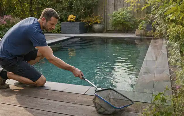 Person entfernt Blätter mit einem Kescher aus einem kleinen Gartenpool; Thema Feuerschalen, Schwerpunkt Fehlerhilfe; Umsetzung.
