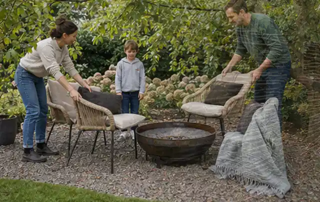 Familie stellt wetterfeste Sessel an einem geschützten Sitzplatz im Garten auf; Thema Feuerschalen, Schwerpunkt Fehlerhilfe; Ergebnis.