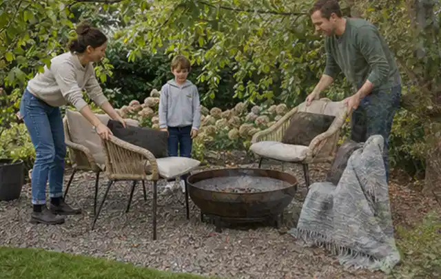 Familie stellt wetterfeste Sessel an einem geschützten Sitzplatz im Garten auf; Thema Feuerschalen, Schwerpunkt Gärten mit großer Fläche; Ausgangslage.
