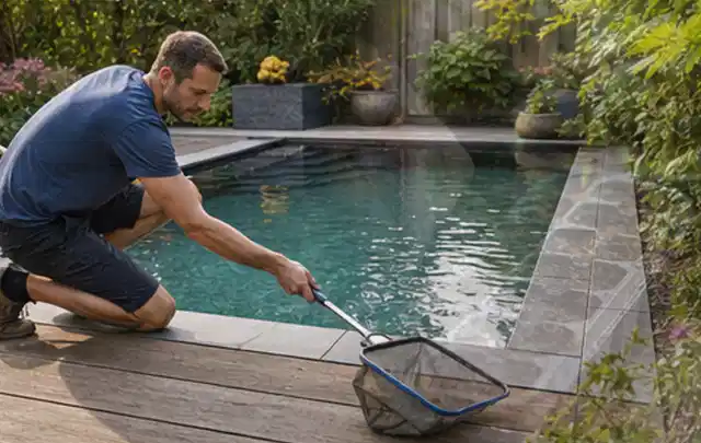Person entfernt Blätter mit einem Kescher aus einem kleinen Gartenpool; Thema Feuerschalen, Schwerpunkt Gärten mit großer Fläche; Ergebnis.