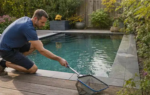 Person entfernt Blätter mit einem Kescher aus einem kleinen Gartenpool; Thema Feuerschalen, Schwerpunkt Gärten mit kleiner Fläche; Kontrolle.