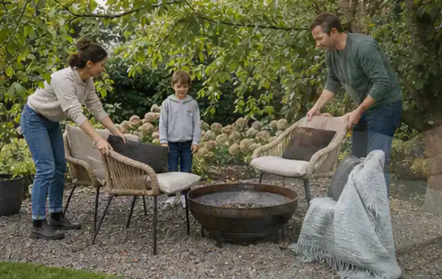 Familie stellt wetterfeste Sessel an einem geschützten Sitzplatz im Garten auf; Thema Feuerschalen, Schwerpunkt Gärten mit kleiner Fläche; Ergebnis.