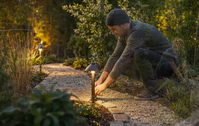 Person richtet eine niedrige warm leuchtende Gartenlampe am Kiesweg aus; Thema Feuerschalen, Schwerpunkt Gärten mit kleiner Fläche; Praxisalltag.