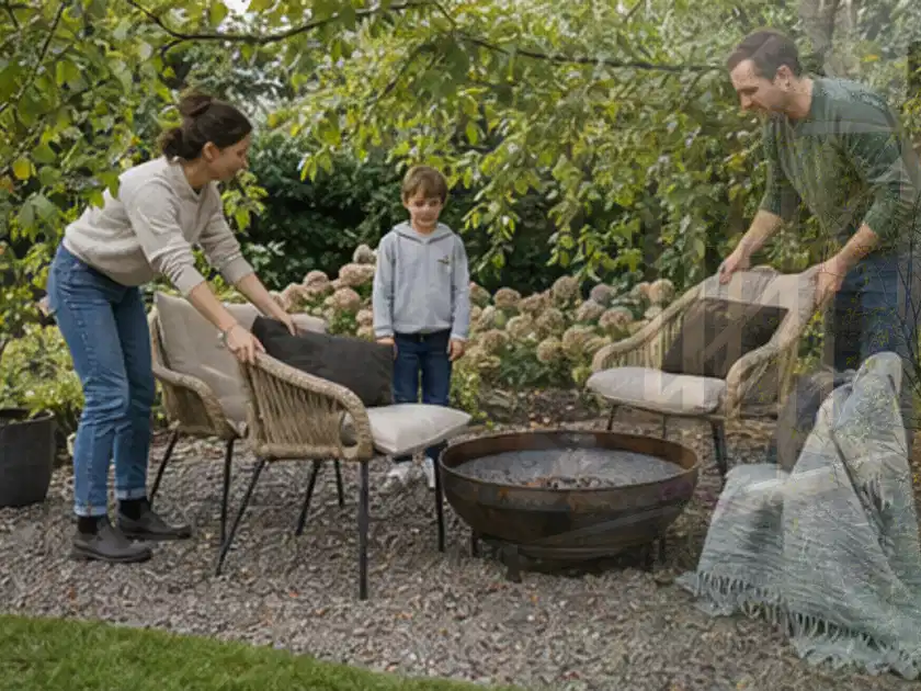Familie stellt wetterfeste Sessel an einem geschützten Sitzplatz im Garten auf; Thema Feuerschalen, Schwerpunkt Kaufberatung; Titelbild.