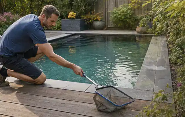 Person entfernt Blätter mit einem Kescher aus einem kleinen Gartenpool; Thema Feuerschalen, Schwerpunkt Kaufberatung; Kontrolle.