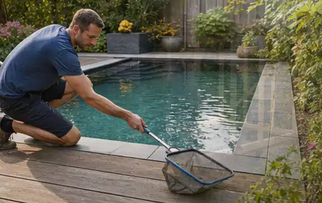 Person entfernt Blätter mit einem Kescher aus einem kleinen Gartenpool; Thema Feuerschalen, Schwerpunkt Kosten; Kontrolle.