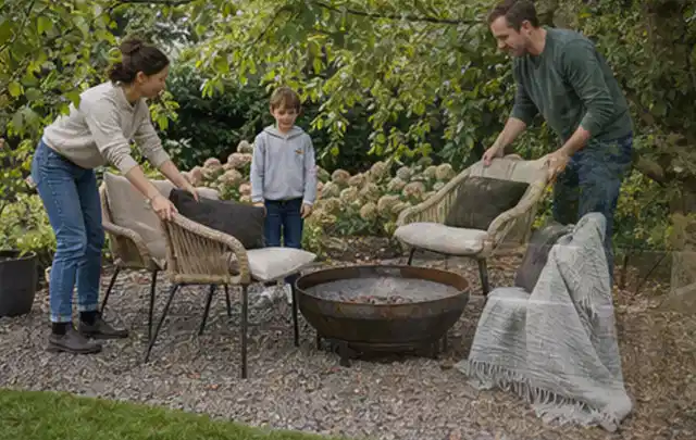 Familie stellt wetterfeste Sessel an einem geschützten Sitzplatz im Garten auf; Thema Feuerschalen, Schwerpunkt Kosten; Praxisalltag.