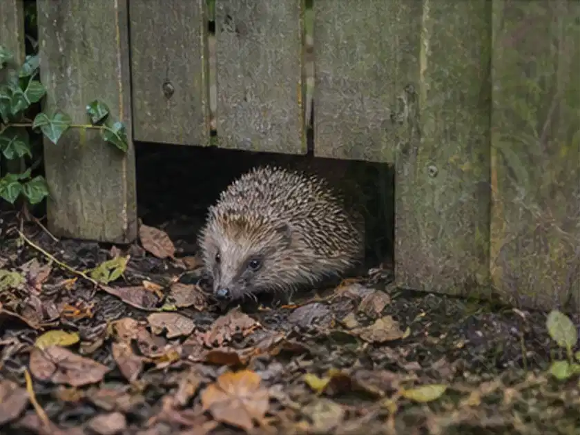 Igel nutzt einen bodennahen Durchgang unter einem hölzernen Gartenzaun; Thema Feuerschalen, Schwerpunkt Nachhaltigkeit; Titelbild.
