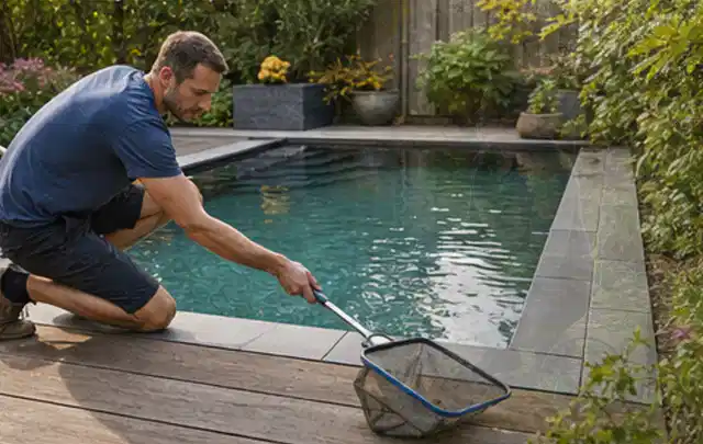 Person entfernt Blätter mit einem Kescher aus einem kleinen Gartenpool; Thema Feuerschalen, Schwerpunkt Nachhaltigkeit; Umsetzung.
