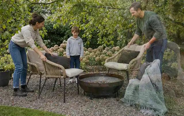 Familie stellt wetterfeste Sessel an einem geschützten Sitzplatz im Garten auf; Thema Feuerschalen, Schwerpunkt Nachhaltigkeit; Kontrolle.