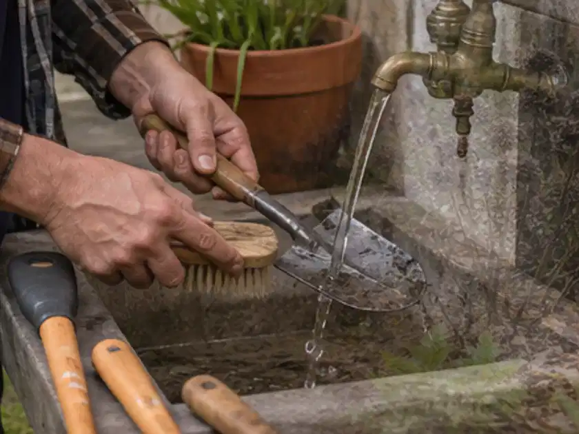 Hände reinigen gebrauchte Gartengeräte mit Bürste und Wasser am Außenbecken; Thema Feuerschalen, Schwerpunkt Reinigung; Titelbild.