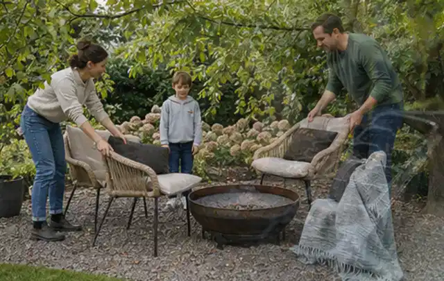 Familie stellt wetterfeste Sessel an einem geschützten Sitzplatz im Garten auf; Thema Feuerschalen, Schwerpunkt Reinigung; Kontrolle.