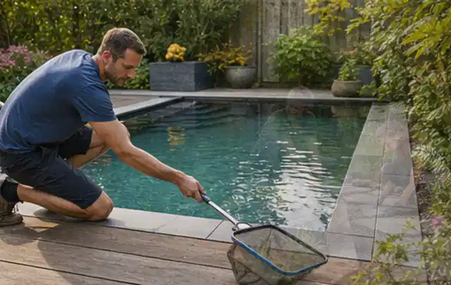 Person entfernt Blätter mit einem Kescher aus einem kleinen Gartenpool; Thema Feuerschalen, Schwerpunkt Reinigung; Praxisalltag.