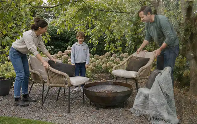 Familie stellt wetterfeste Sessel an einem geschützten Sitzplatz im Garten auf; Thema Feuerschalen, Schwerpunkt Reparatur; Ausgangslage.