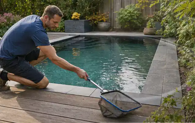 Person entfernt Blätter mit einem Kescher aus einem kleinen Gartenpool; Thema Feuerschalen, Schwerpunkt Reparatur; Praxisalltag.